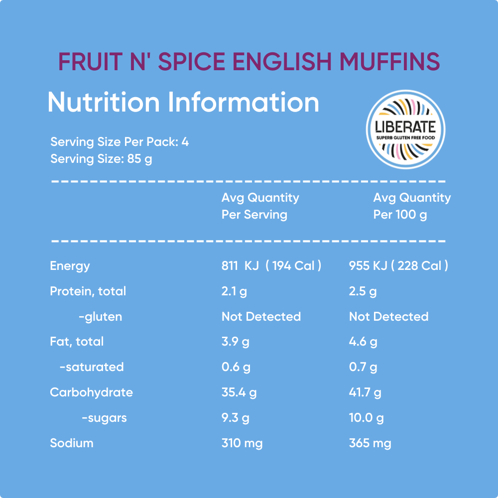 Nutrition information of Liberate Fruit & Spice English Muffins