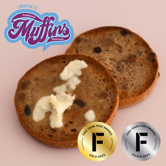 Winner of Gold and Silver Free From Food awards, Liberate Fruit & Spice English Muffins are  certified gluten free, free from all common allergens and vegan too